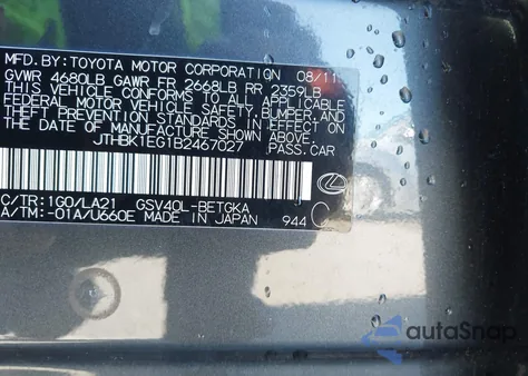 2011 Lexus Es 350 from USA, damaged, VIN JTHBK1EG1B2467027